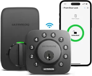 Smart Lock, ULTRALOQ U-Bolt   Bridge WiFi Adaptor, 5-in-1 Keyless Entry Door Lock with WiFi, App, Bluetooth and Keypad, Locks for Front Door, Deadbolt, ANSI Grade 1 Certified - Black