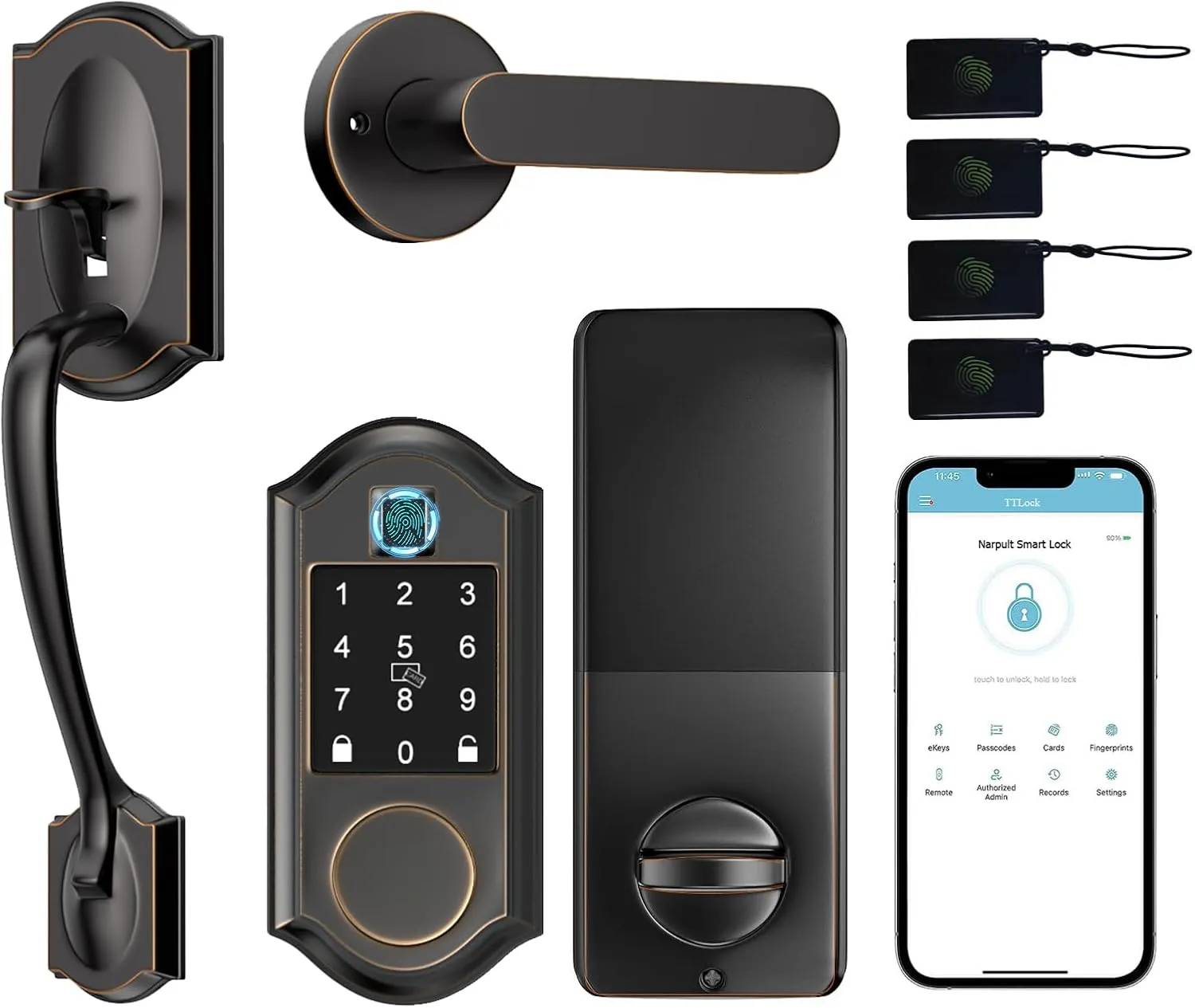 Smart Locks for Front Door, Keyless Entry Deadbolt with Handle Set, APP Control, Fingerprint Door Lock with Adjustable Lever, Oil Rubbed Bronze