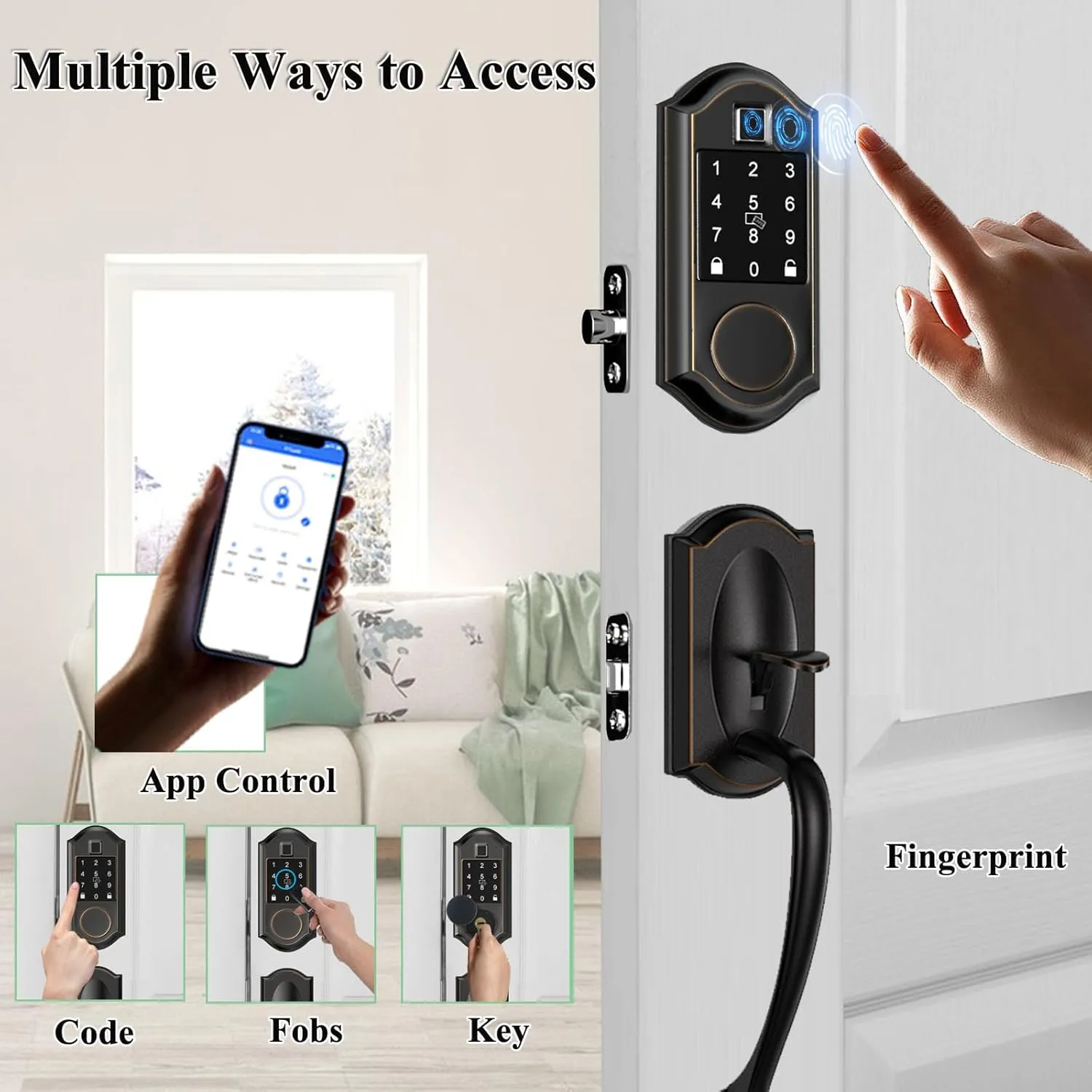Smart Locks for Front Door, Keyless Entry Deadbolt with Handle Set, APP Control, Fingerprint Door Lock with Adjustable Lever, Oil Rubbed Bronze