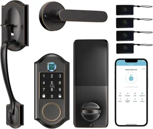 Smart Locks for Front Door, Keyless Entry Deadbolt with Handle Set, APP Control, Fingerprint Door Lock with Adjustable Lever, Oil Rubbed Bronze