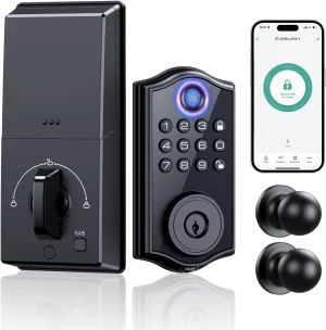 Smart Locks for Front Door,APP Control Keyless Entry Fingerprint Door Lock,Keypad Deadbolt Set with Handle,Easy Installation,Auto-Lock,(Matte Black)