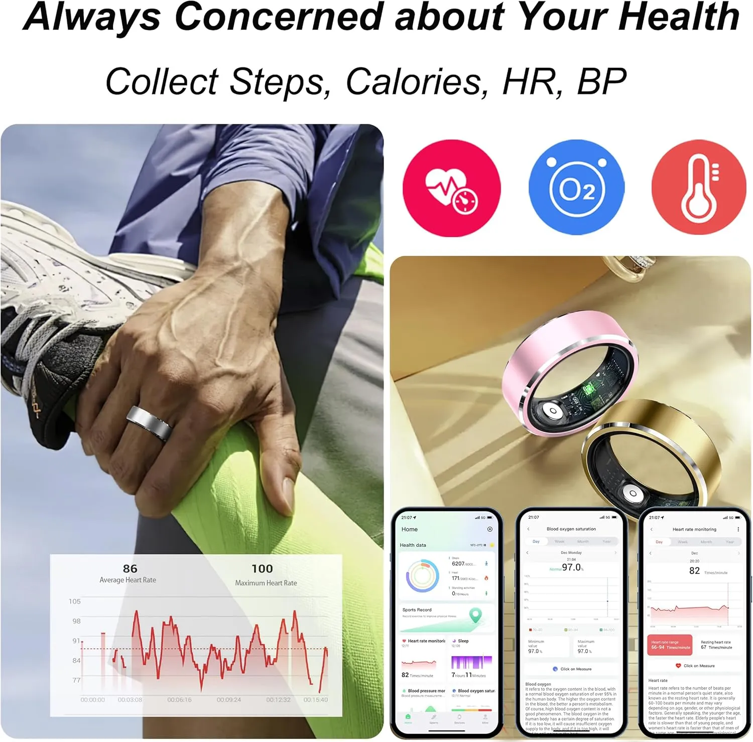 Smart Ring Fitness Tracker Heart Rate Monitor Sleep Tracker Gesture Control Fitness Rings Blood Pressure Pedometer Calories Step Counter Waterproof Health Smart Rings for Women Men with Charging Case