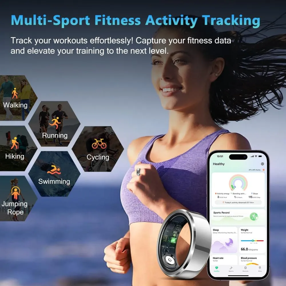 Smart Ring Health Tracker for Men Women, Waterproof Fitness Ring, Bluetooth Connected Health Ring, Activity Tracker Records Steps Distance Calories, Compatible with Android & iOS