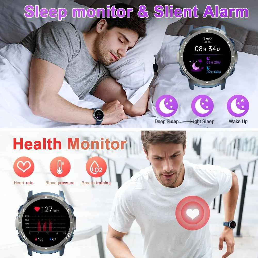 Smart Watch for Men Fitness: (Make/Answer Call) Bluetooth Military Smartwatch for Android iPhone Phones Waterproof Outdoor Tactical Digital Sport Run Watches Tracker Sleep Heart Rate Monitor