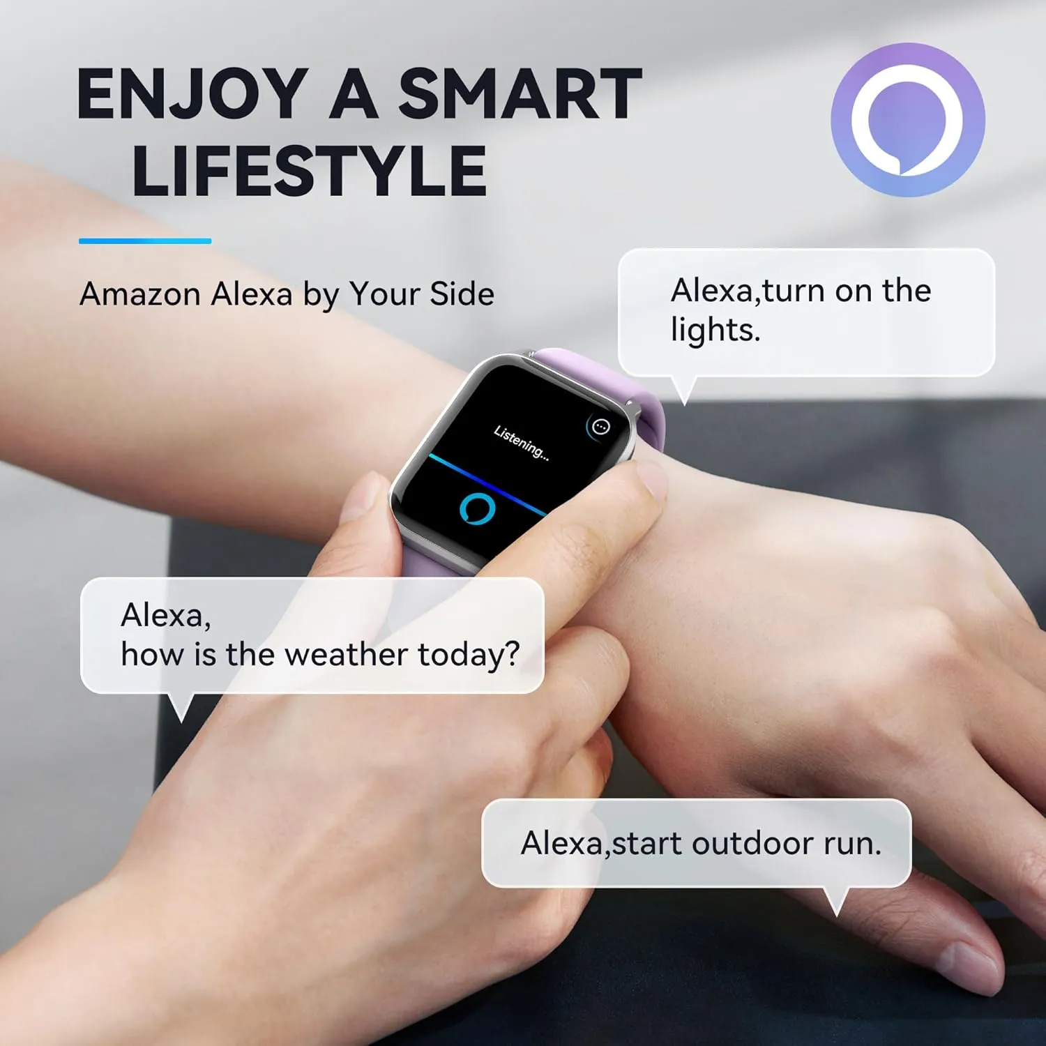 Smart Watch - Purple, Silicone Band, 1.8" Analog Display, IP68 Waterproof, Over 100 Sports Modes, Alexa Voice Control, Heart Rate & Blood Oxygen Monitor, 7-Day Battery Life