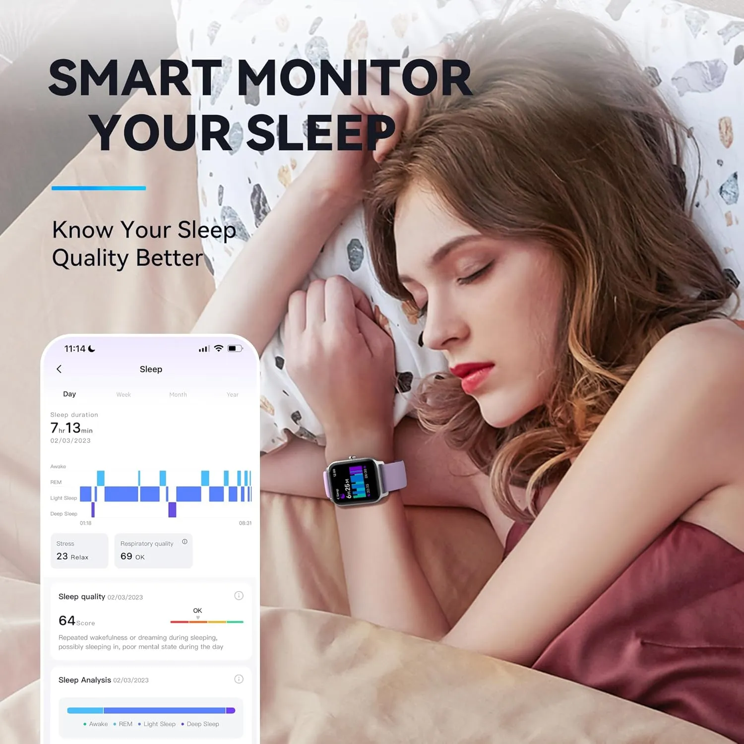 Smart Watch - Purple, Silicone Band, 1.8" Analog Display, IP68 Waterproof, Over 100 Sports Modes, Alexa Voice Control, Heart Rate & Blood Oxygen Monitor, 7-Day Battery Life