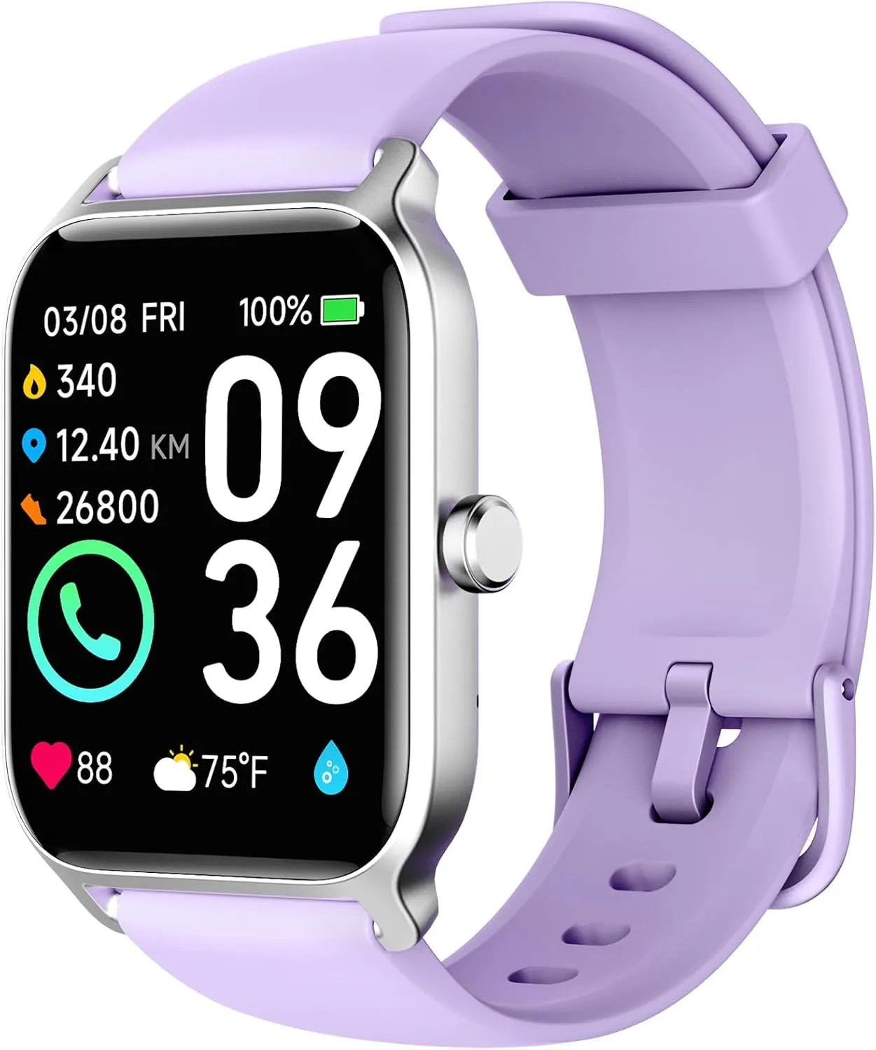 Smart Watch - Purple, Silicone Band, 1.8" Analog Display, IP68 Waterproof, Over 100 Sports Modes, Alexa Voice Control, Heart Rate & Blood Oxygen Monitor, 7-Day Battery Life