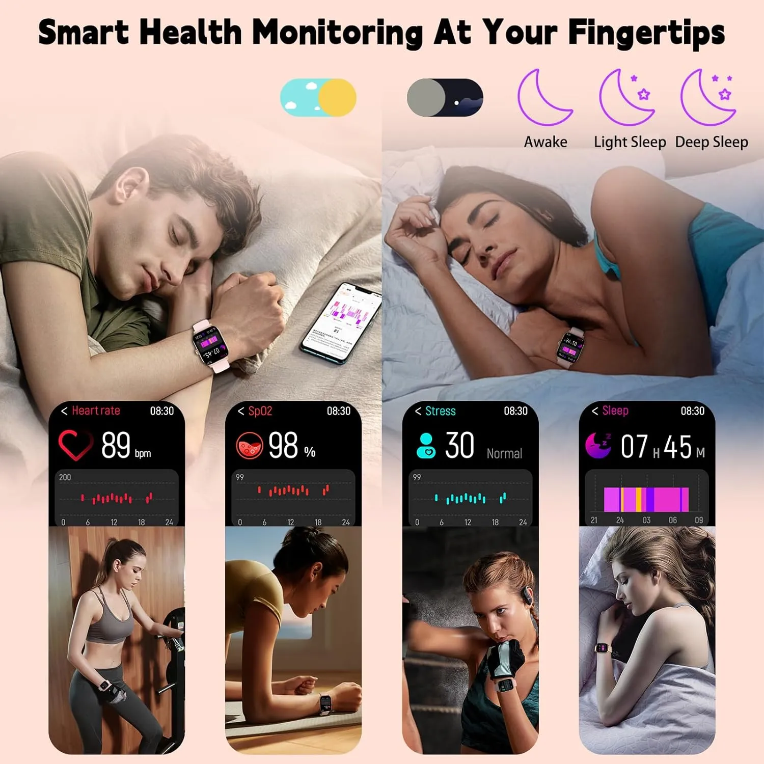 Smart Watch(Answer/Make Call), 1.85" Smartwatches for Women with Heart Rate/Sleep/Stress Monitor, IP68 Waterproof Activity Tracker for Android and iPhone, 100  Sports Fitness Trackers, Pedometer