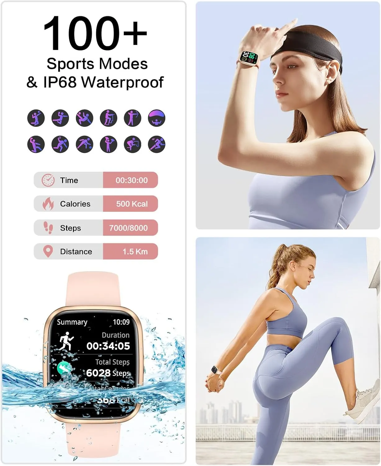 Smart Watches for Women, 1.75" Bluetooth Call, AI Voice Smartwatch, 24/7 Heart Rate Monitor, Blood Pressure/SpO2/Sleep Tracker, IP68 Waterproof, 100  Sports Fitness Tracker for Android iOS Pink