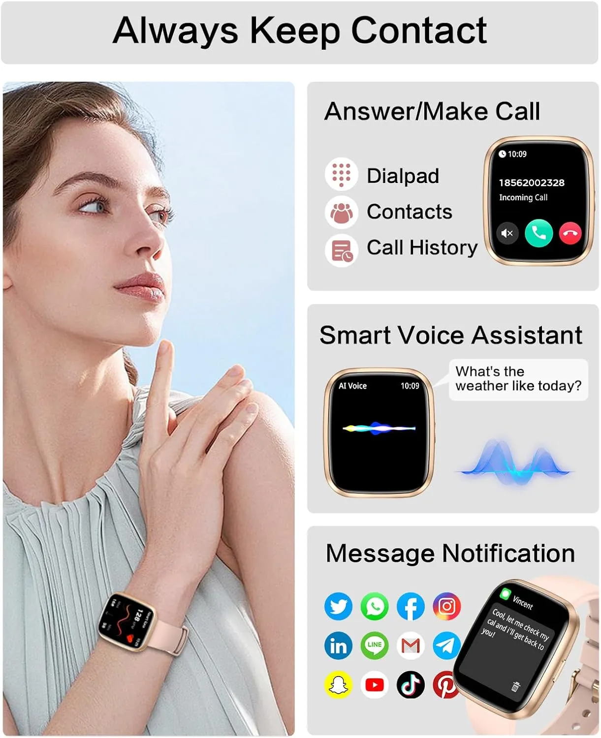 Smart Watches for Women, 1.75" Bluetooth Call, AI Voice Smartwatch, 24/7 Heart Rate Monitor, Blood Pressure/SpO2/Sleep Tracker, IP68 Waterproof, 100  Sports Fitness Tracker for Android iOS Pink
