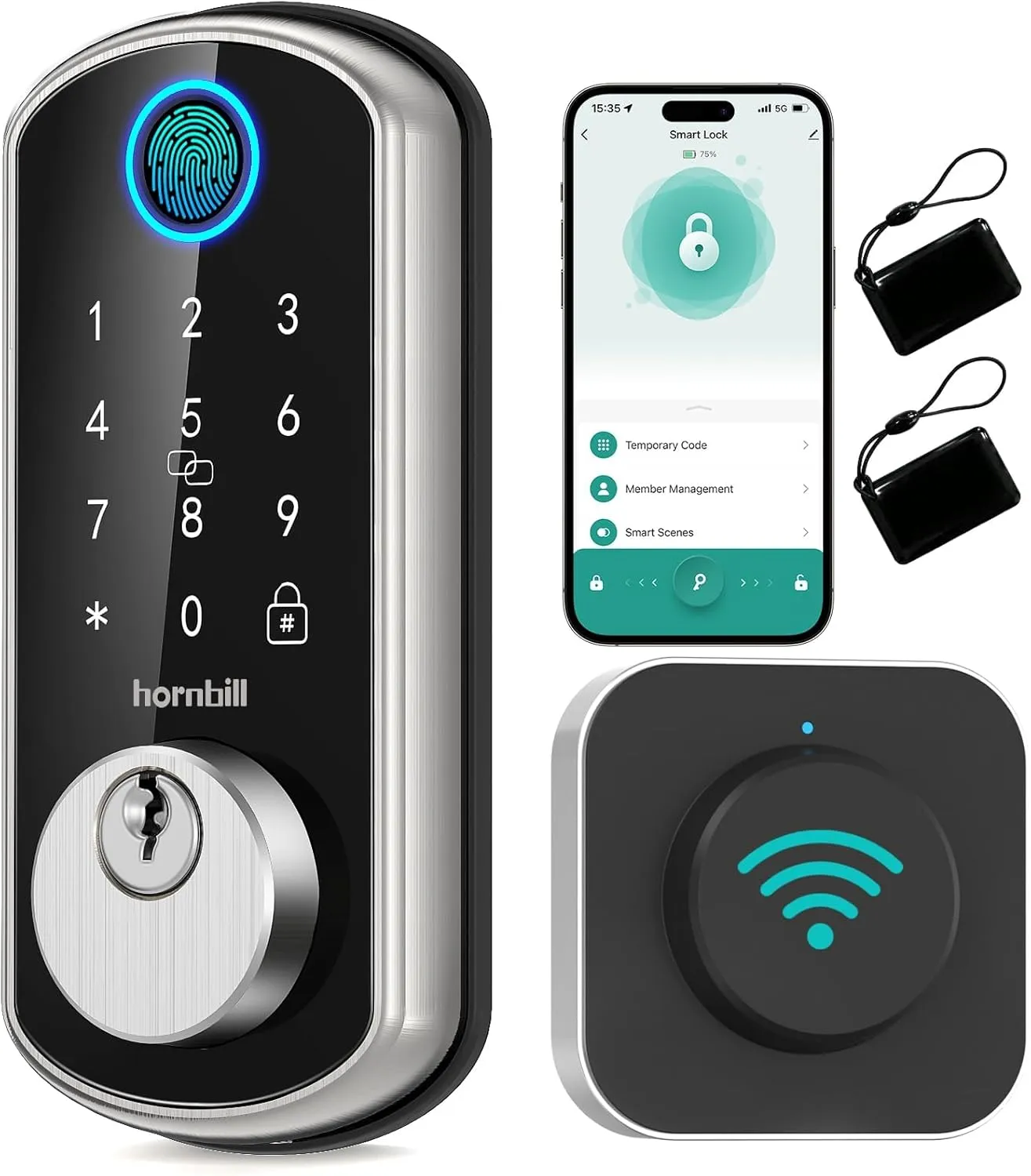 Smart WiFi Front Door Lock: Hornbill Keyless Entry Fingerprint Deadbolt - Alexa Bluetooth Electronic Keypad Door Locks for House Apartment Auto Lock APP Remote Control Silver