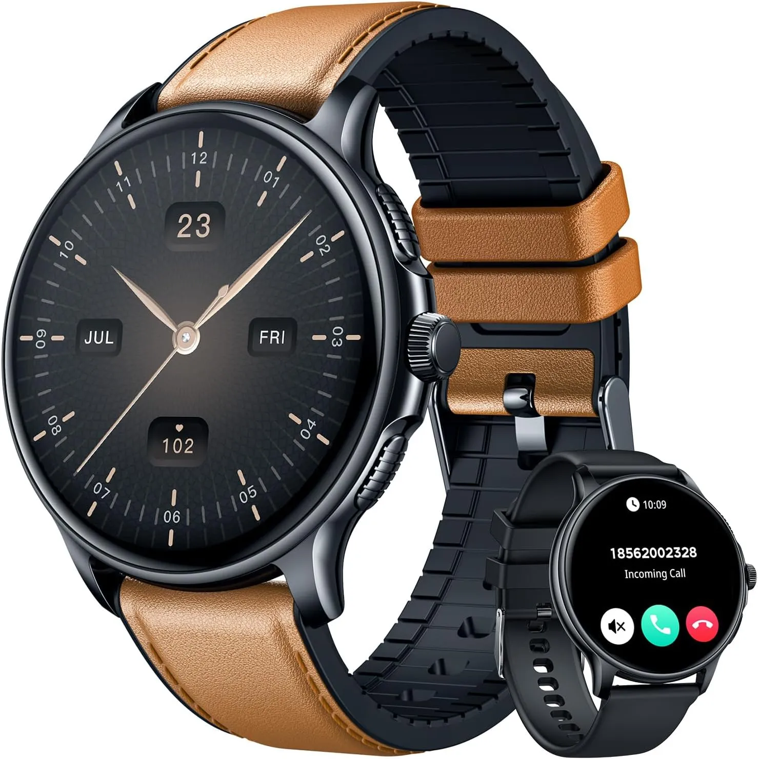 Smartwatch for Men Fitness Tracker: Brown Smart Watches (Answer/Make Calls) 1.43 AMOLED Touchscreen with Waterproof Heart Rate Blood Pressure Health Monitor Sport Pedometer Compatible Android iOS