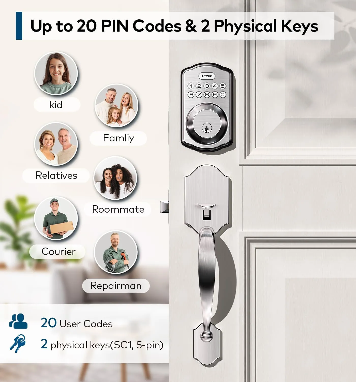 TEEHO Keyless Entry Door Lock Deadbolt with Handle Set, Electronic Digital Smart Locks Set for Front Door with 2 Keys, Easy to Install Keypad Deadbolt, Auto Lock - Satin Nickel