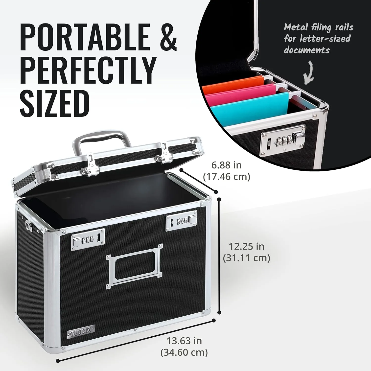 Vaultz File Organizer Storage Box - 14 x 7 x 12.19 Inch Letter Size, Portable Locking Storage Totes with Dual Combination Locks for Filing Office Documents - Black