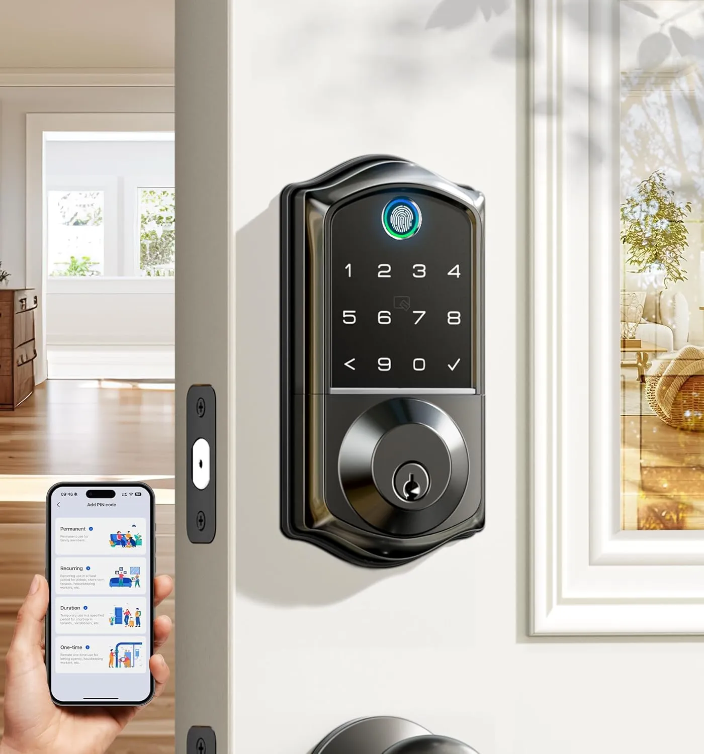 Veise Fingerprint Smart Door Lock, App Control, 7-in-1 Keyless Entry, Auto Lock, Emergency Power Port, Electronic Touchscreen Keypad, Biometric Smart Locks for Front Door, Matte Black