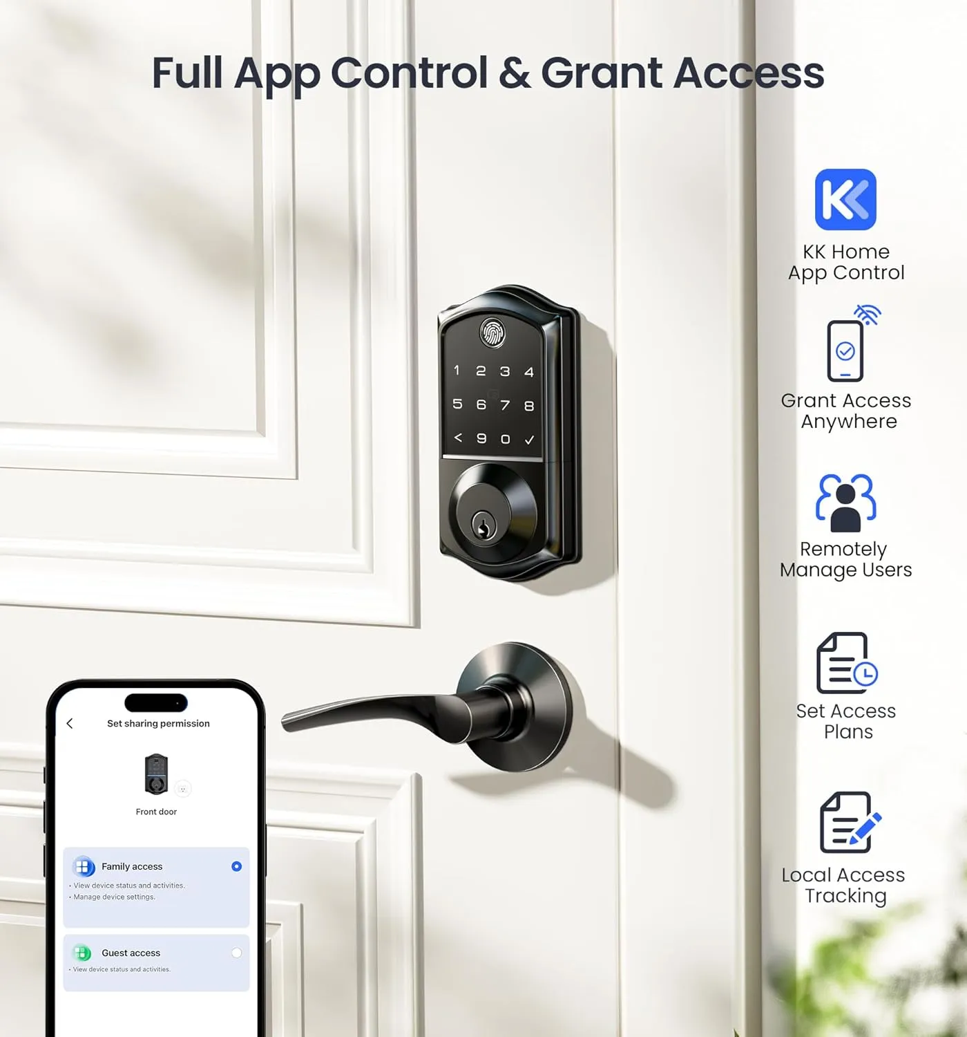 Veise Fingerprint Smart Door Lock, App Control, 7-in-1 Keyless Entry, Auto Lock, Emergency Power Port, Electronic Touchscreen Keypad, Biometric Smart Locks for Front Door, Matte Black