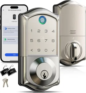 Veise Fingerprint Smart Door Lock, App Control, 7-in-1 Keyless Entry, Auto Lock, Emergency Power Port, Electronic Touchscreen Keypad, Biometric Smart Locks for Front Door, Satin Nickel