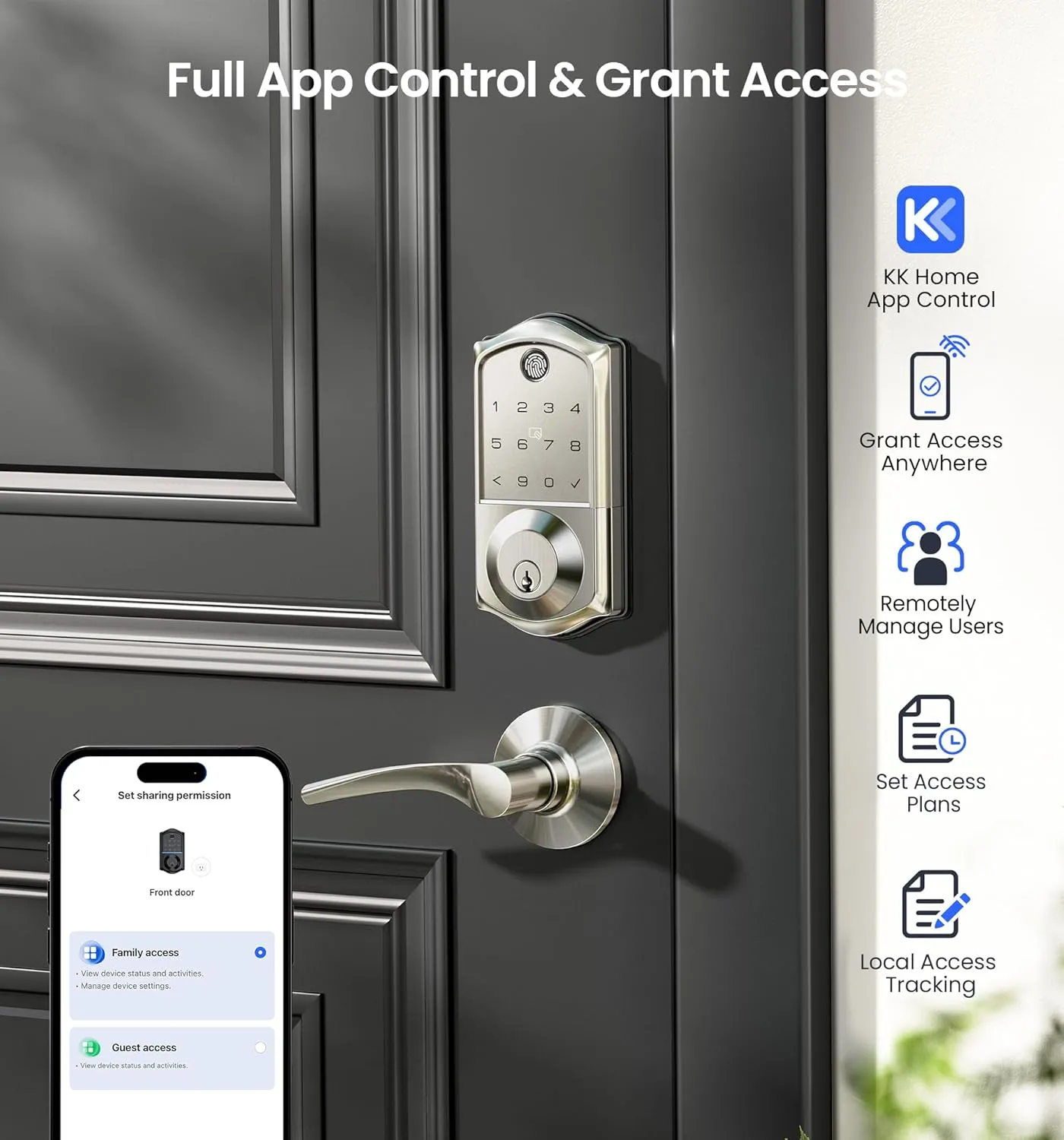 Veise Fingerprint Smart Door Lock, App Control, 7-in-1 Keyless Entry, Auto Lock, Emergency Power Port, Electronic Touchscreen Keypad, Biometric Smart Locks for Front Door, Satin Nickel