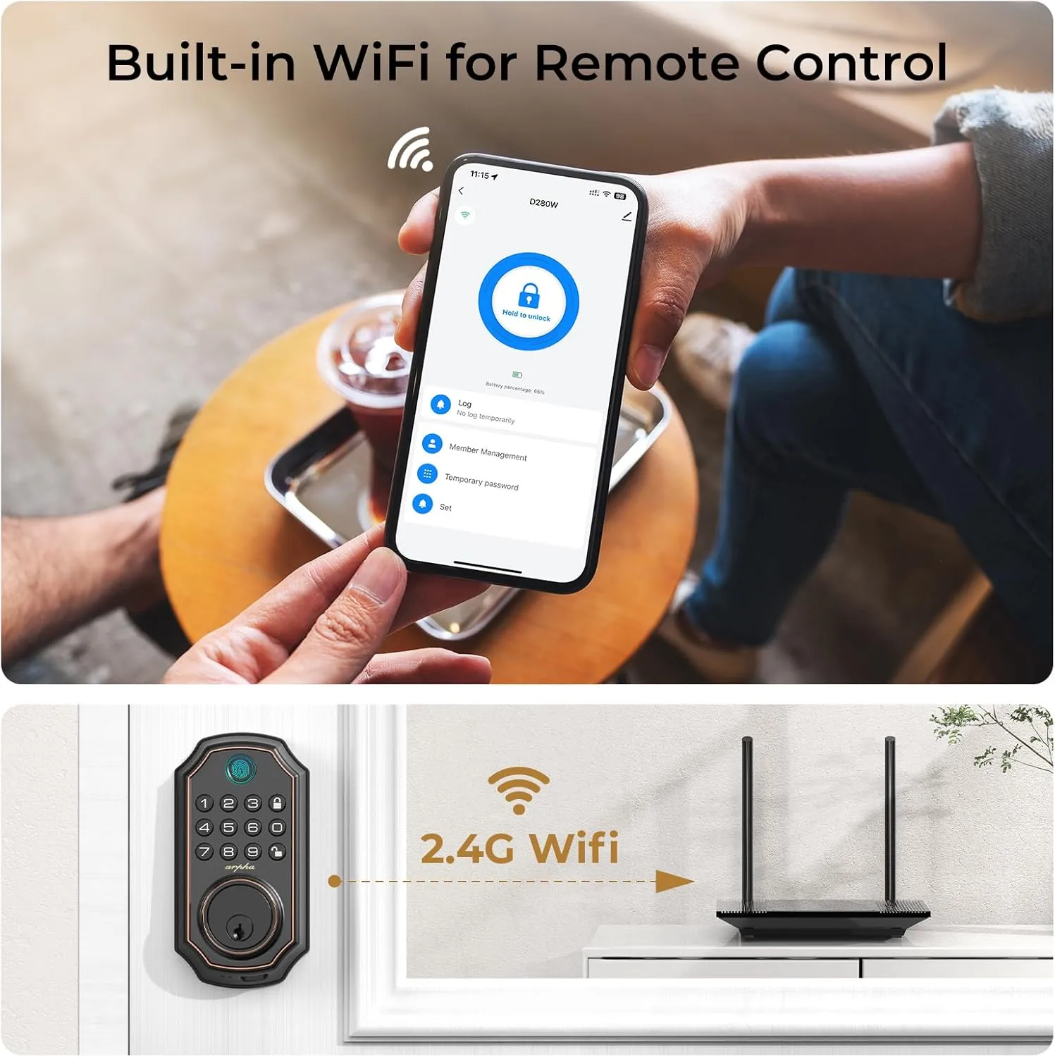 WiFi Door Lock D280W, Keyless Entry Door Lock Fingerprint, Bulit-in WiFi Deadbolt, App Remote Control, Electronic Keypad Door Lock, Safety Front Door Lock, Support Alexa, Auto Lock, Easy Installation
