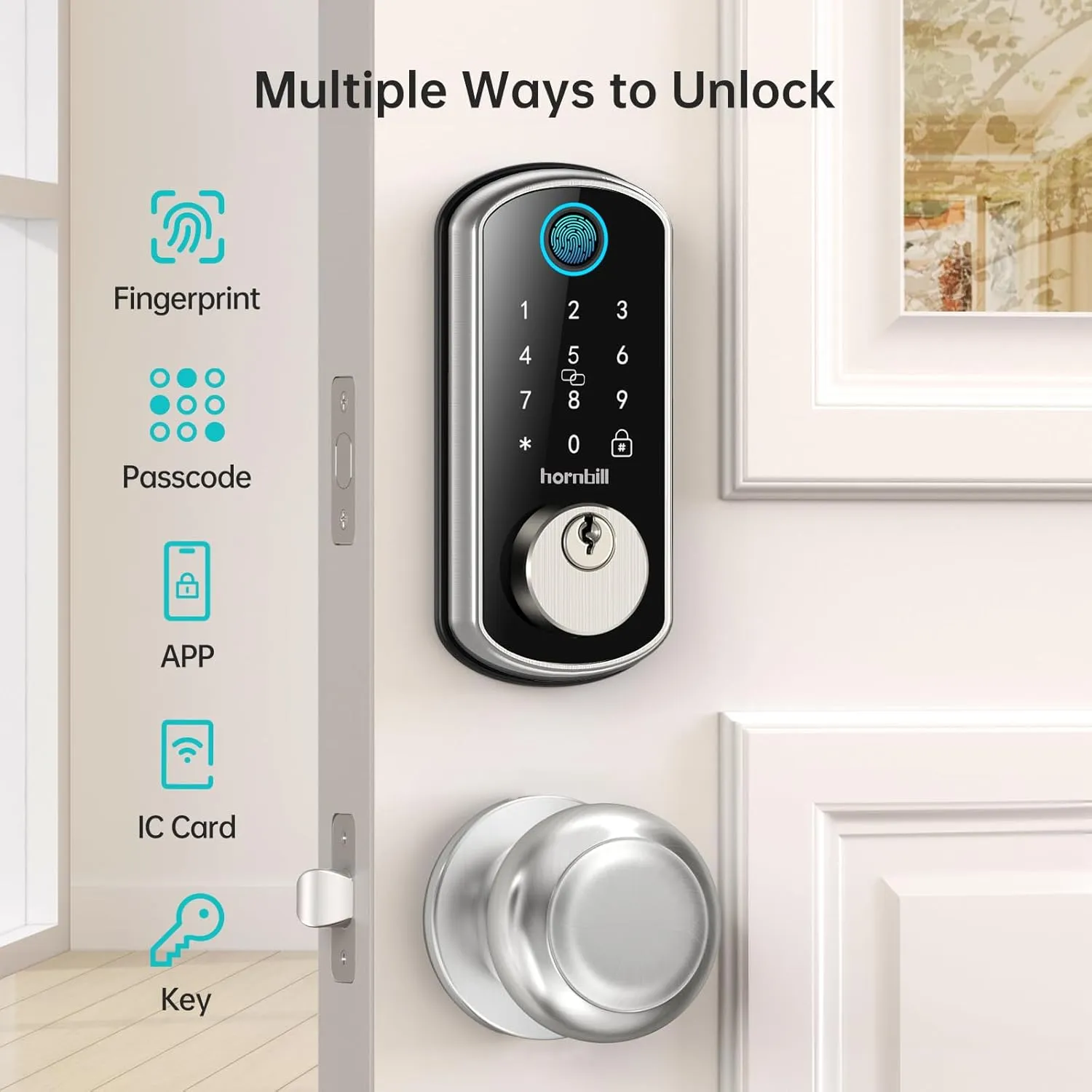 WiFi Keyless Entry Door Lock with Handle : Hornbill Silver Smart Front Door Lock Set,Front Door Handle Set,Smart Door Knob, Electronic Keypad Deadbolt Lock Set with Alexa Auto Lock for Home