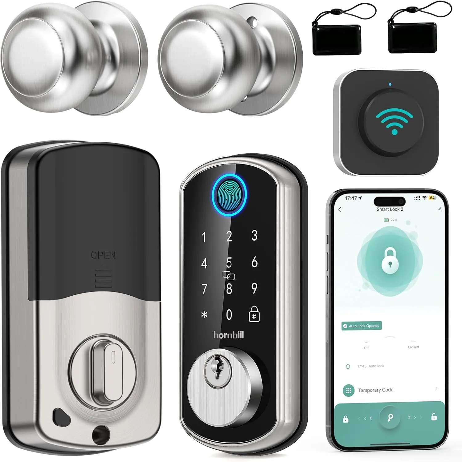 WiFi Keyless Entry Door Lock with Handle : Hornbill Silver Smart Front Door Lock Set,Front Door Handle Set,Smart Door Knob, Electronic Keypad Deadbolt Lock Set with Alexa Auto Lock for Home